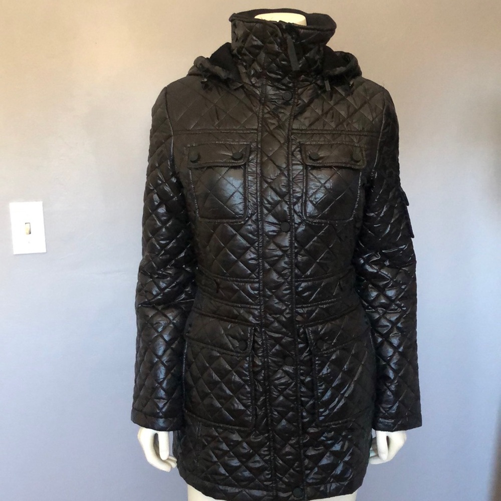 Calvin Klein Hooded Quilted Black Jacket Size XS Snap Closure Black
